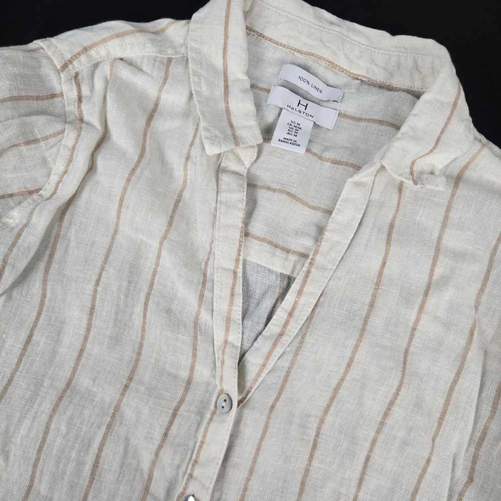 H Halston Womens Medium Linen Button Shirt Roll tab Coastal Striped Long Sleeve
